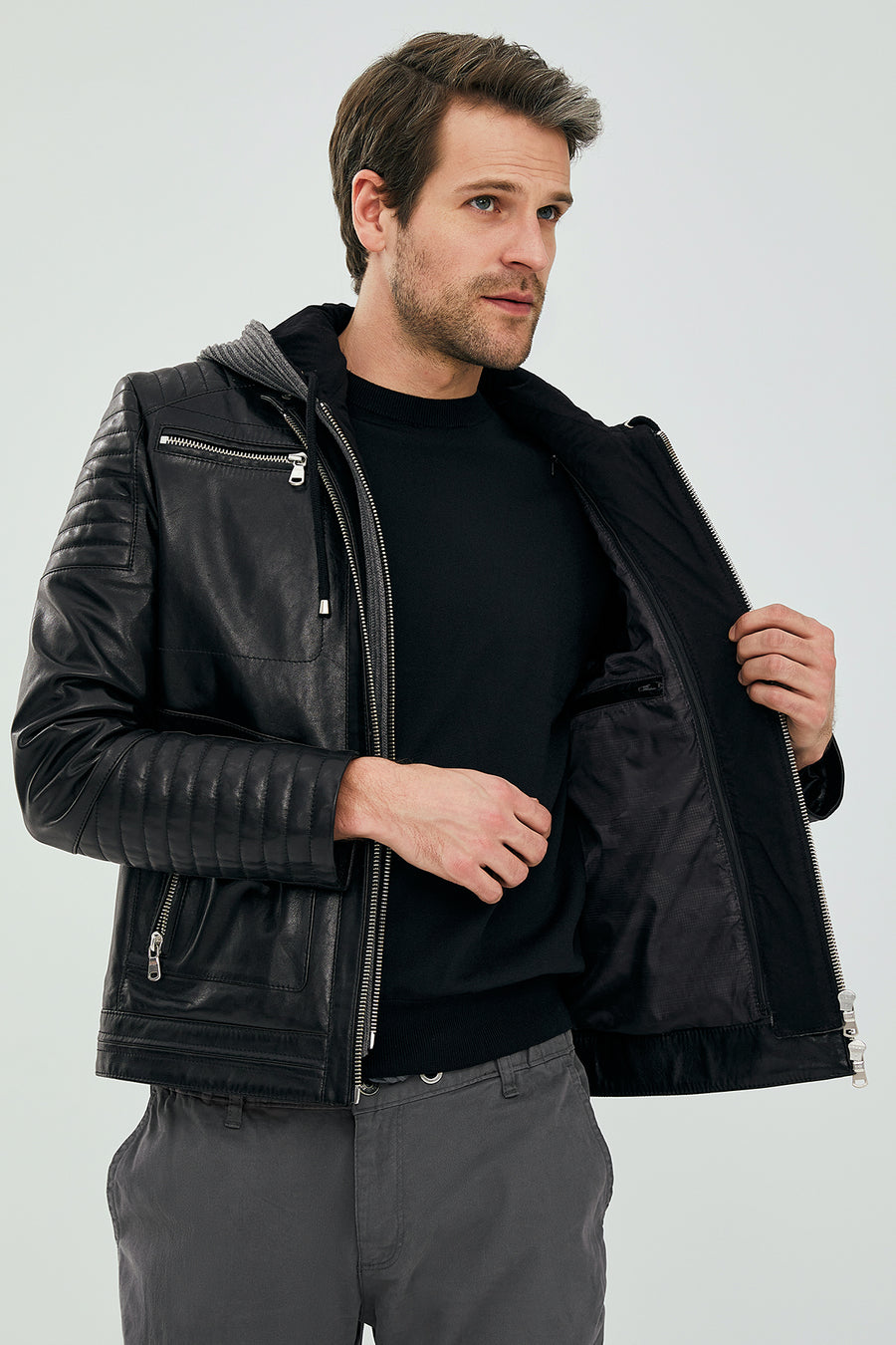 Danger Black Men's Hooded Sports Leather Jacket