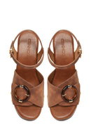 Woman Brown Ankle-Buckle Platform Chunky High-Heel Suede Sandals | Derimod