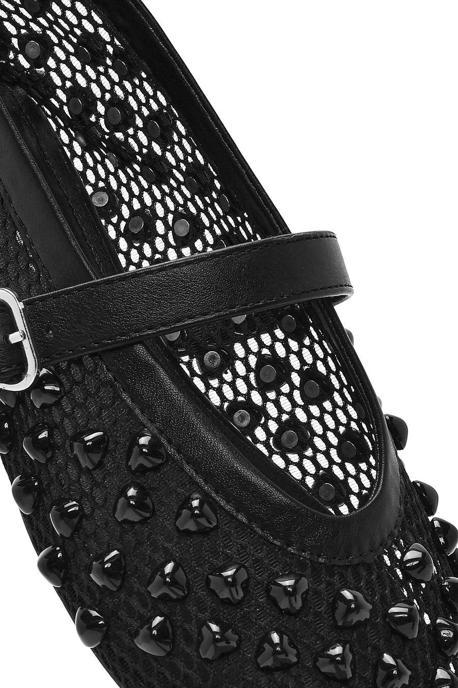 Women's Black Buckled Stoned Fishnet Ballerinas