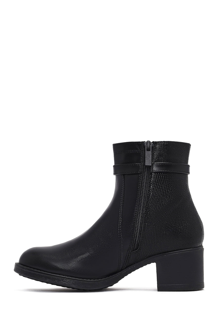 Woman Black Zippered Thick Heel Boots