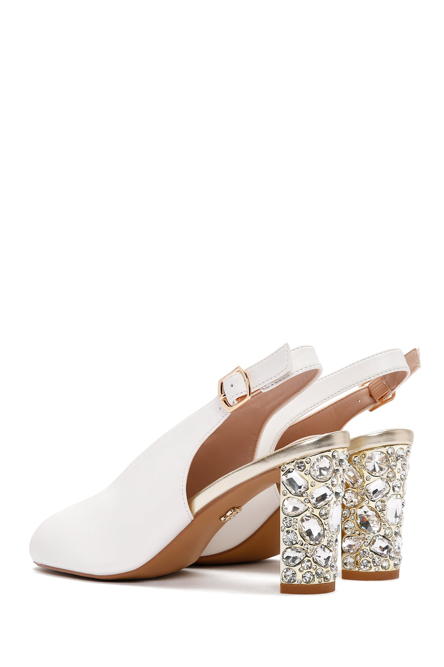 Women's White Back Strap Stoned Thick Heel Sandals