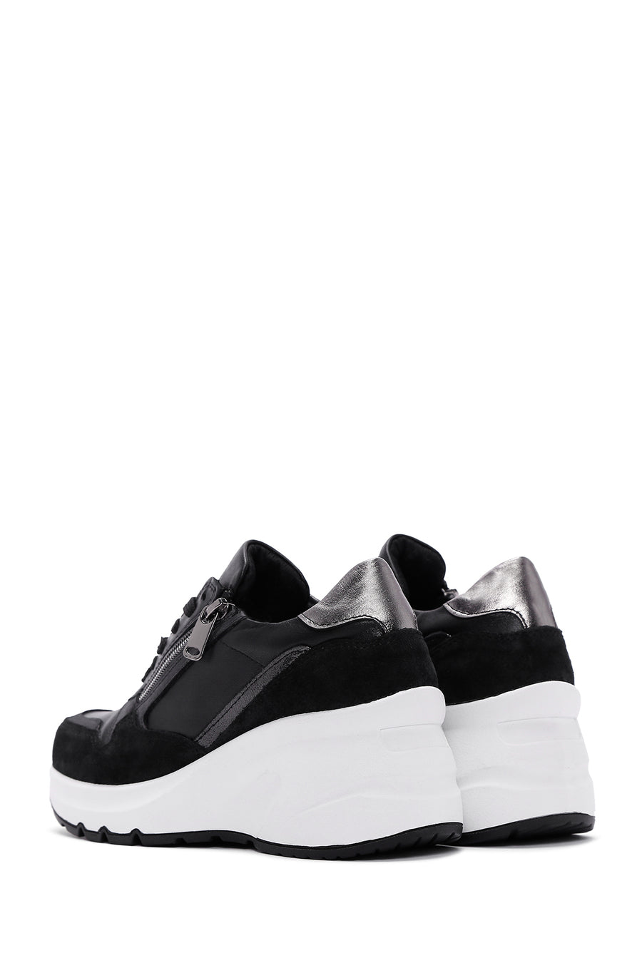 Women's Black Lace-Up Zipper Detailed Wedge Heel Leather Sneakers