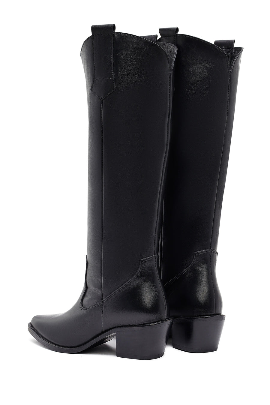 Woman Black Thick-Heeled Leather Cowboy Boots
