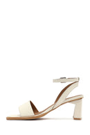 Women's Cream Ankle Buckle Thick Heel Leather Sandals | Derimod