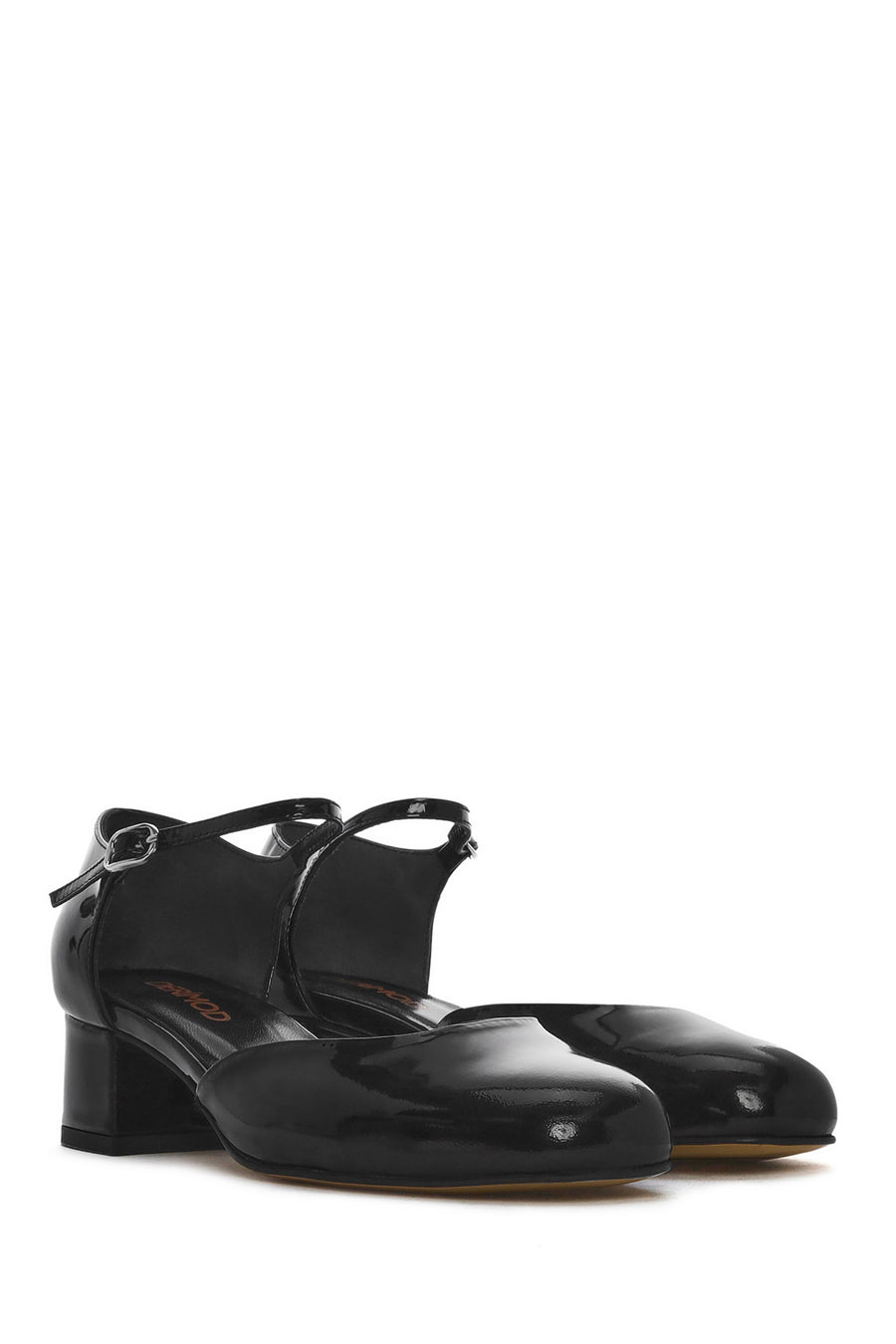 Women's Black Ankle Buckle Low Thick Heel Patent Leather Shoes