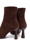 Woman Brown Zip Closure Thin-Heeled Suede Boots | Derimod