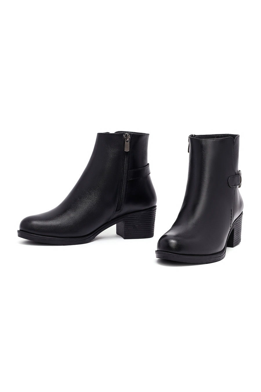 Woman Black Zip Closure Thick-Heeled Leather Boots