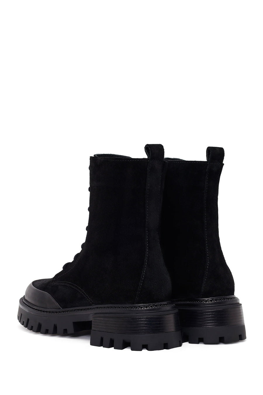 Woman Black Zip Closure Chunky-Heeled Suede Combat Boots
