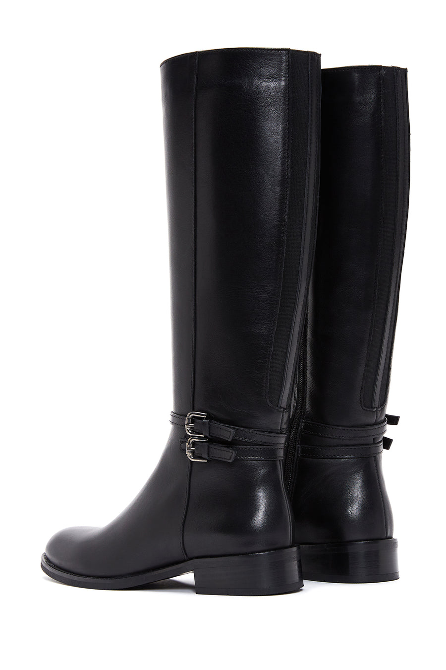 Women's Black Buckle Zippered Leather Boots