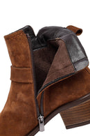 Women's Tan Zippered Short Heel Suede Leather Boot | Derimod