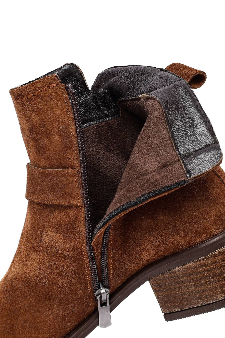 Women's Tan Zippered Short Heel Suede Leather Boot