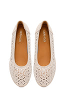 Women's Cream Patterned Leather Ballet Flats | Derimod