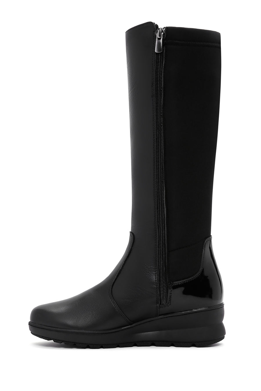 Women's Black Zippered Wedge Heeled Casual Leather Boots