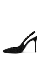 Women's Black Stoned Slingback Heeled Leather Shoes | Derimod