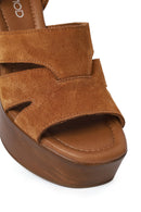 Women's Tan Ankle Buckle Thick High Heel Suede Leather Sandals | Derimod