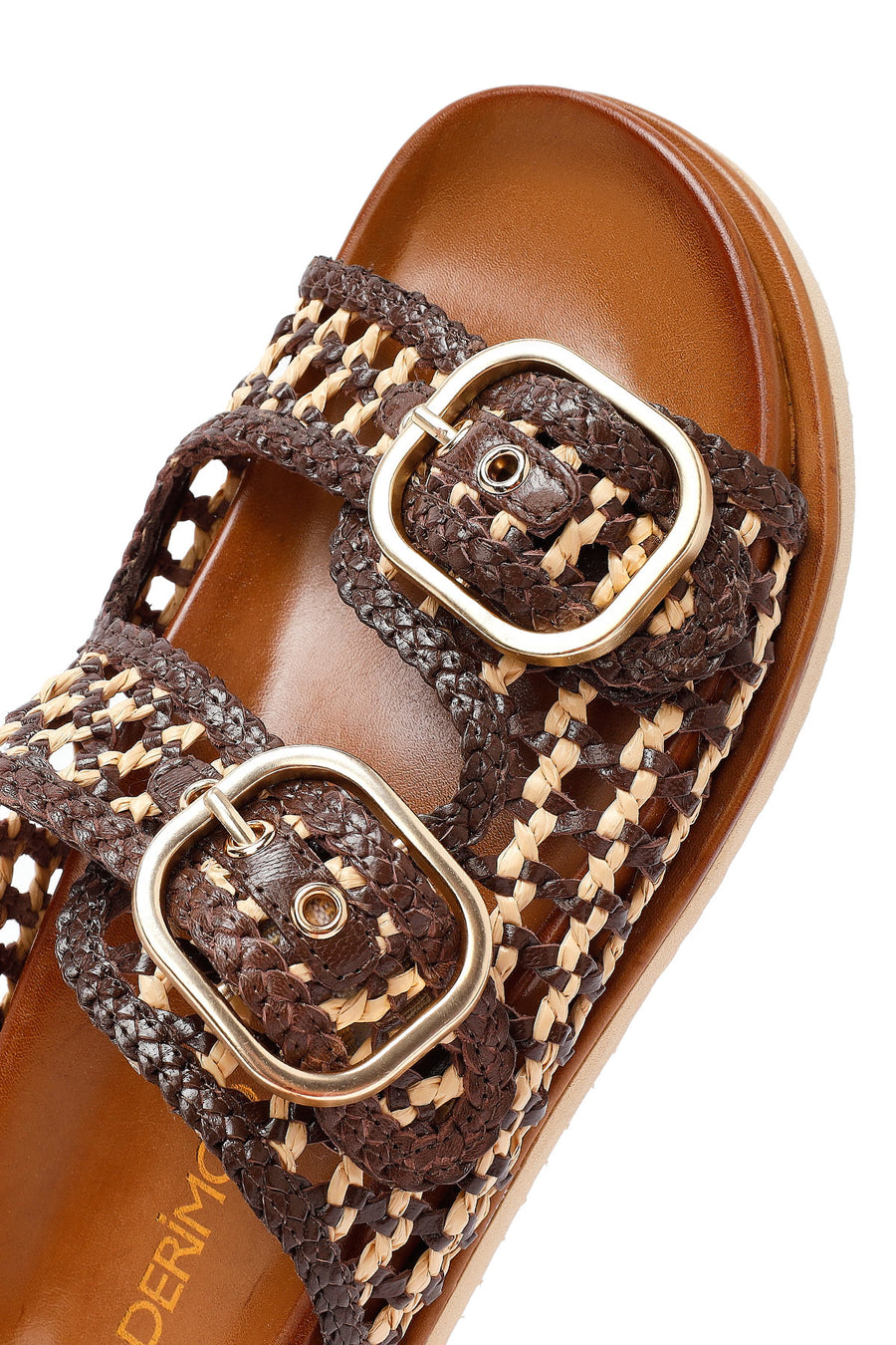 Women's Brown Double Buckled Straw Leather Slippers