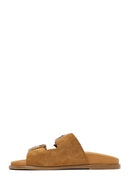Women's Tan Double Buckle Suede Leather Slippers | Derimod