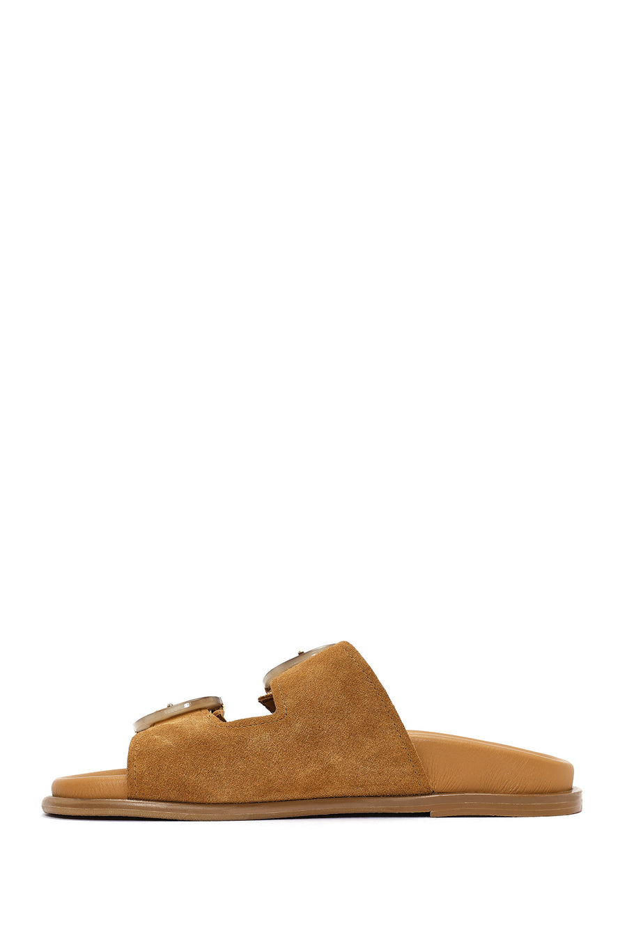 Women's Tan Double Buckle Suede Leather Slippers