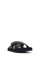 Men's Black Patterned Leather Slippers | Derimod