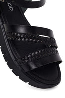 Woman Black Strappy Thick-Soled Braided Leather Bodrum Sandal | Derimod