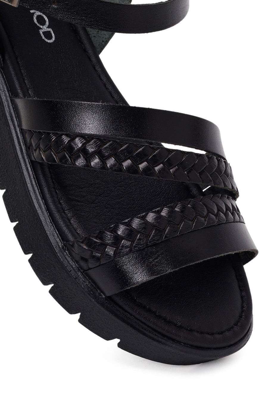 Woman Black Strappy Thick-Soled Braided Leather Bodrum Sandal