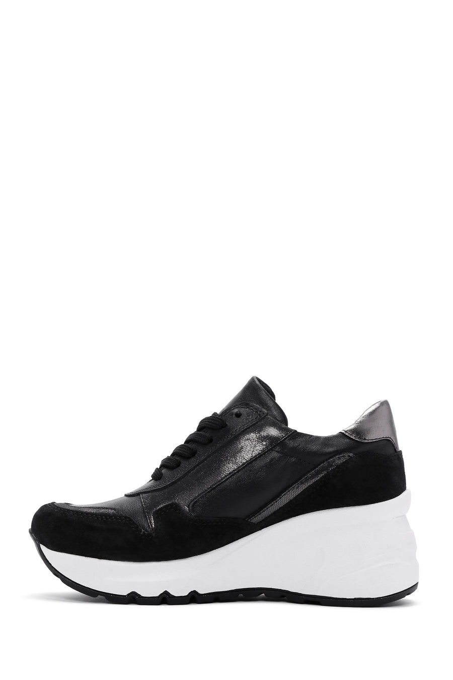 Women's Black Leather Thick Soled Sneaker