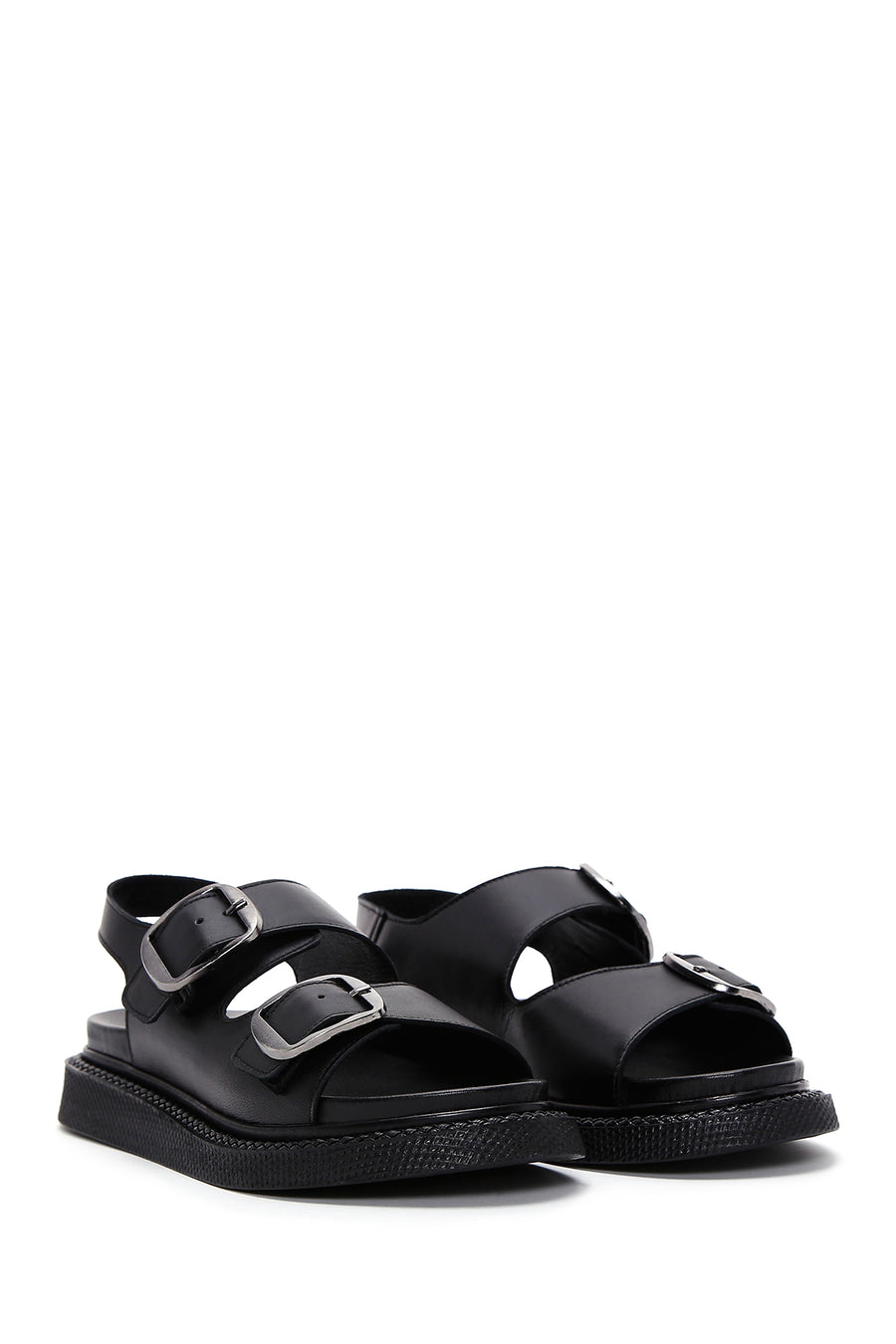 Women's Black Leather Double Buckle Comfort Sandals