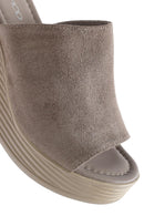Women's Gray Wedge Heeled Suede Leather Slippers | Derimod