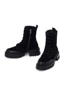 Woman Black Zip Closure Chunky-Heeled Suede Combat Boots | Derimod