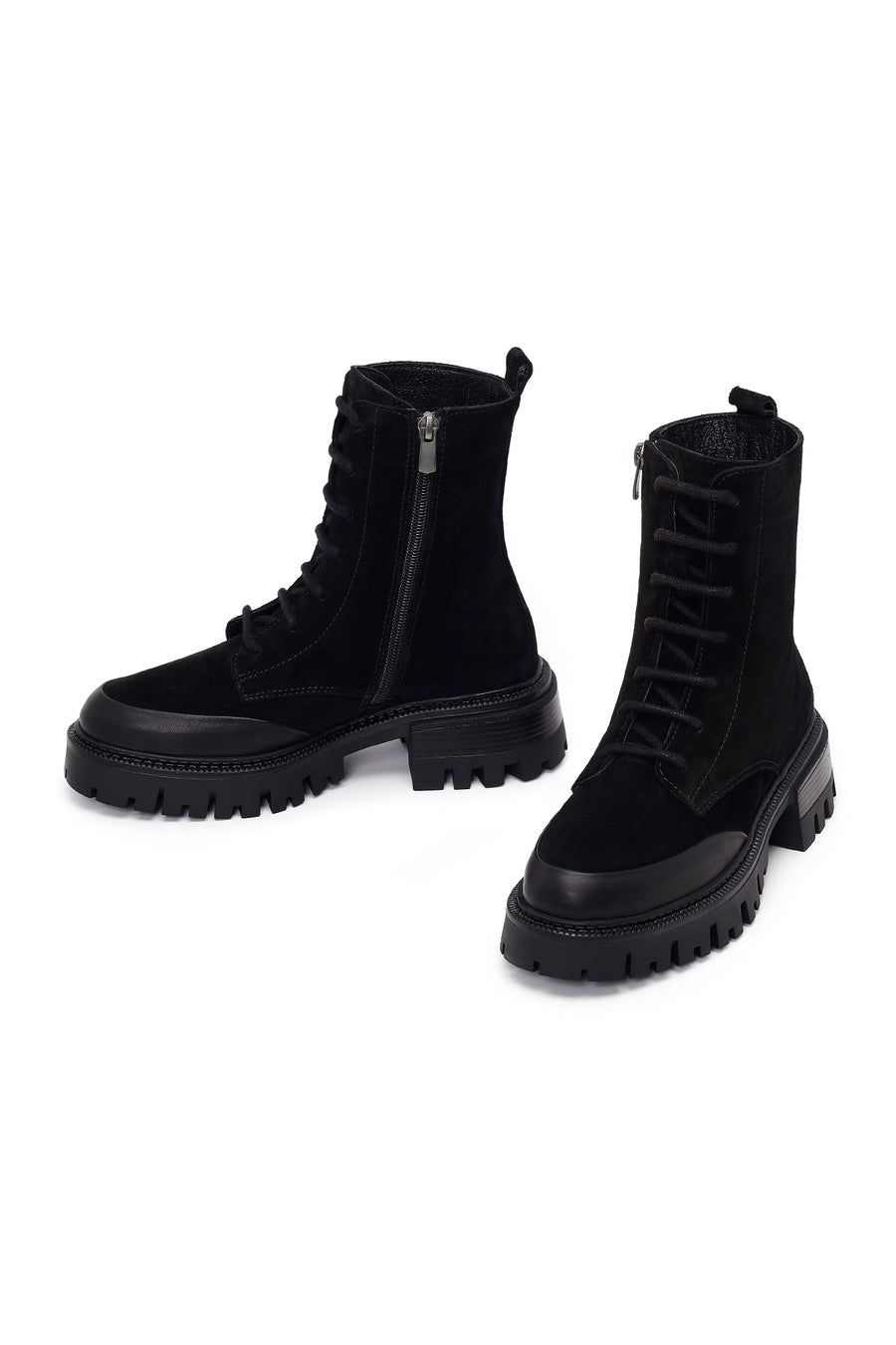 Woman Black Zip Closure Chunky-Heeled Suede Combat Boots