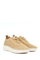 Woman Camel Lace-Up Thick-Soled Patterned Suede Comfort Shoes | Derimod
