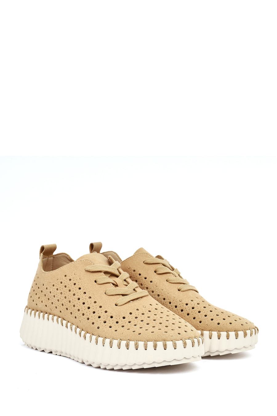 Woman Camel Lace-Up Thick-Soled Patterned Suede Comfort Shoes
