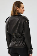 Crystal Women's Black Biker Leather Jacket | Derimod