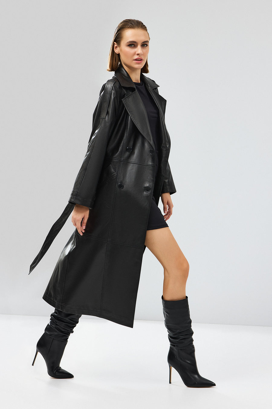 Nicole Women's Black Double Breasted Long Leather Trench Coat