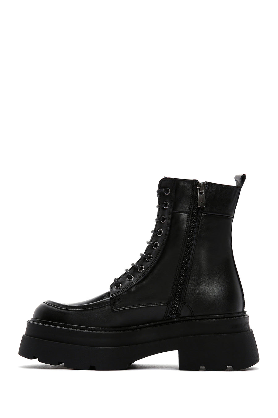 Women's Black Leather Zippered Thick Soled Boots