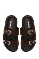 Woman Brown Double-Buckle Suede Slipper | Derimod