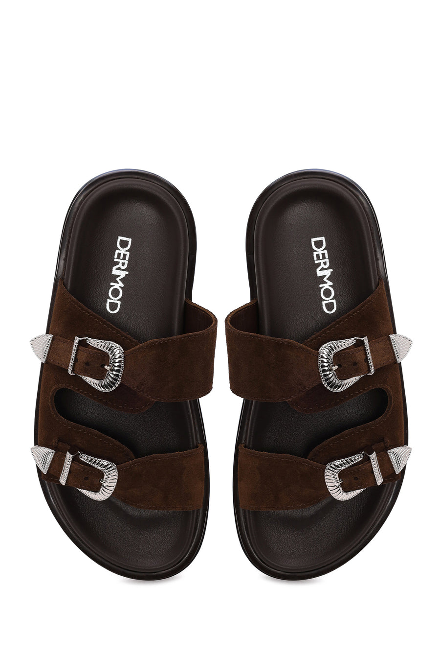 Woman Brown Double-Buckle Suede Slipper
