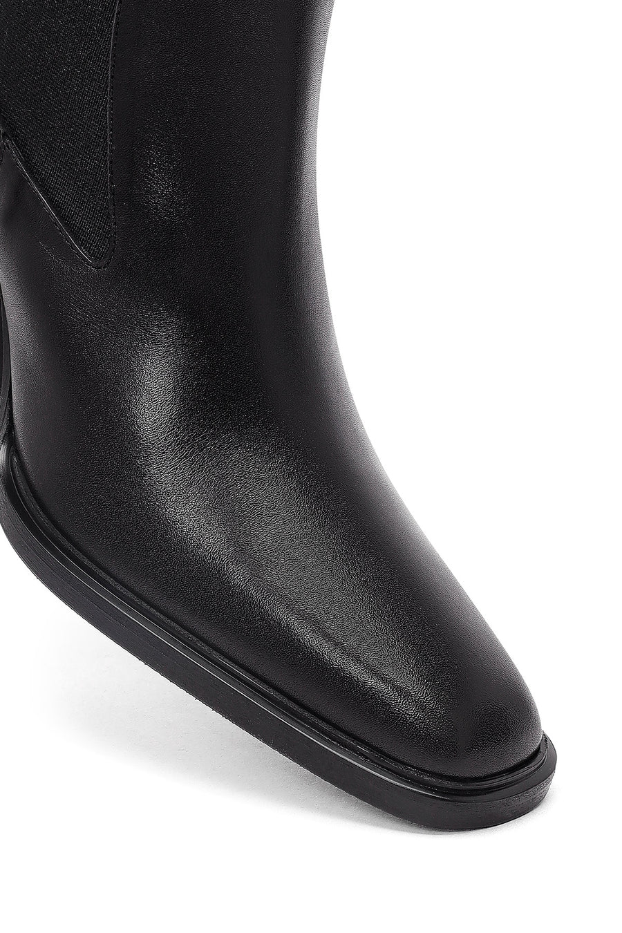 Women's Black Thick Heeled Leather Chelsea Boot