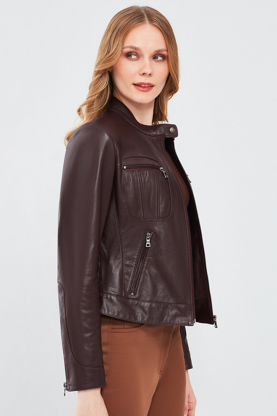 Alison Women's Claret Red Short Leather Jacket