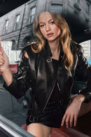 Avanti Woman Black Off-Shoulder Short Biker Leather Jacket | Derimod