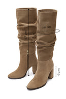 Woman Tan Zip Closure Thick-Heeled Suede Boot | Derimod