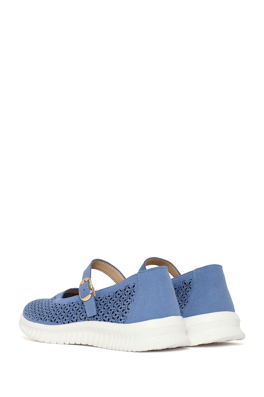 Woman Blue Buckled Patterned Suede Comfort Shoes