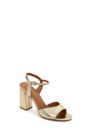 Women's Gold Ankle Buckle Chunky Heel Metallic Leather Sandals | Derimod