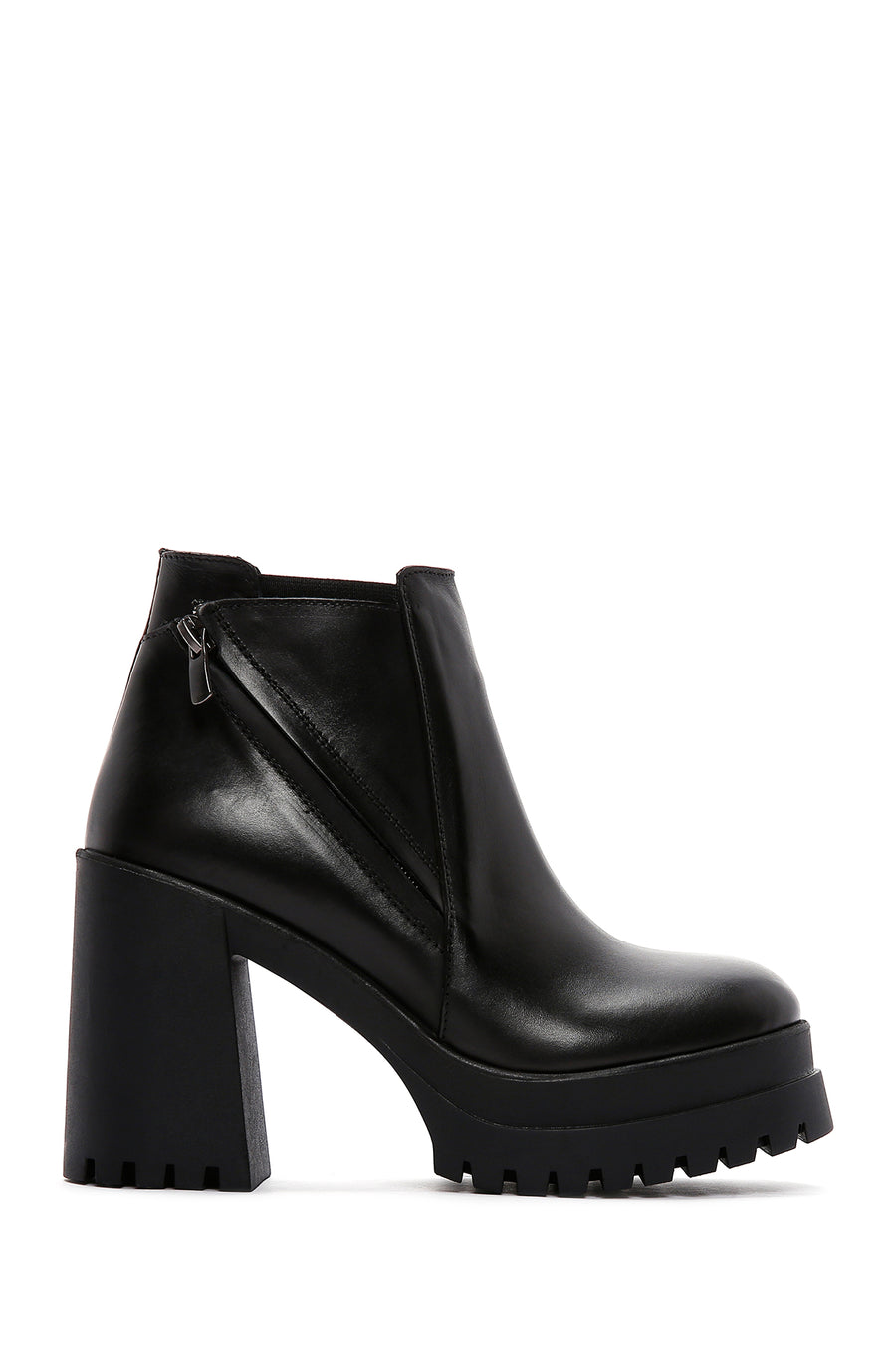 Woman Black Zip Closure Thick-Heeled Leather Boots WF190007DV | Derimod