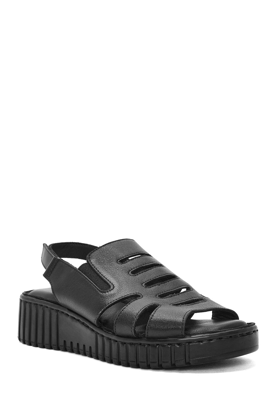 Kadın Siyah Kalın Tabanlı Deri Comfort Sandalet