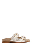 Women's Gold Buckled Metallic Leather Slippers | Derimod