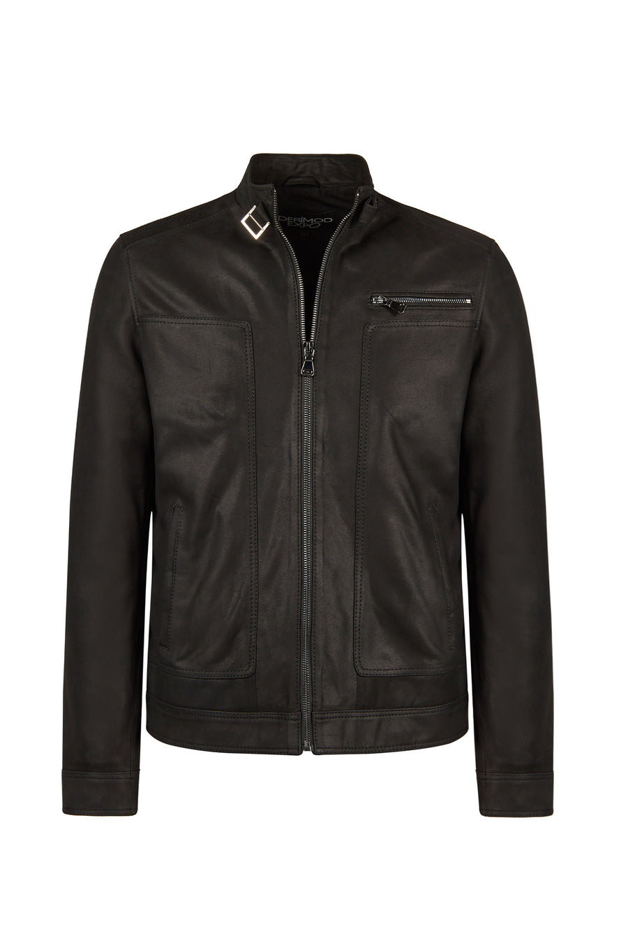 Felibe Male Black Mandarin Collar Leather Jacket
