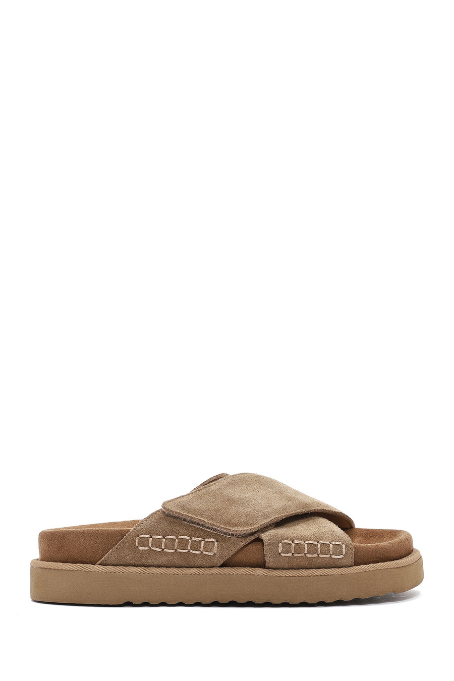 Women's Brown Strappy Thick Soled Suede Leather Slippers 25SFD405210 | Derimod