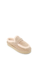 Woman Beige Thick-Soled Fur-Lined Suede Teddy Slipper | Derimod