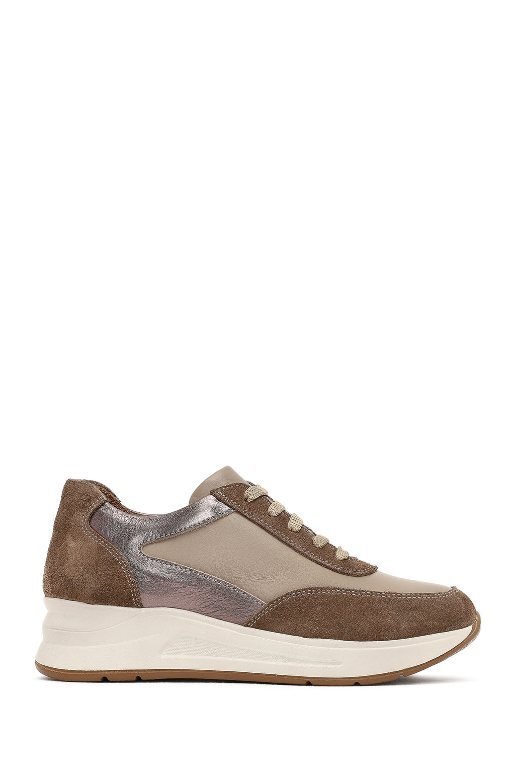 Kadın Vizon Bağcıklı Dolgu Topuklu Deri Sneaker